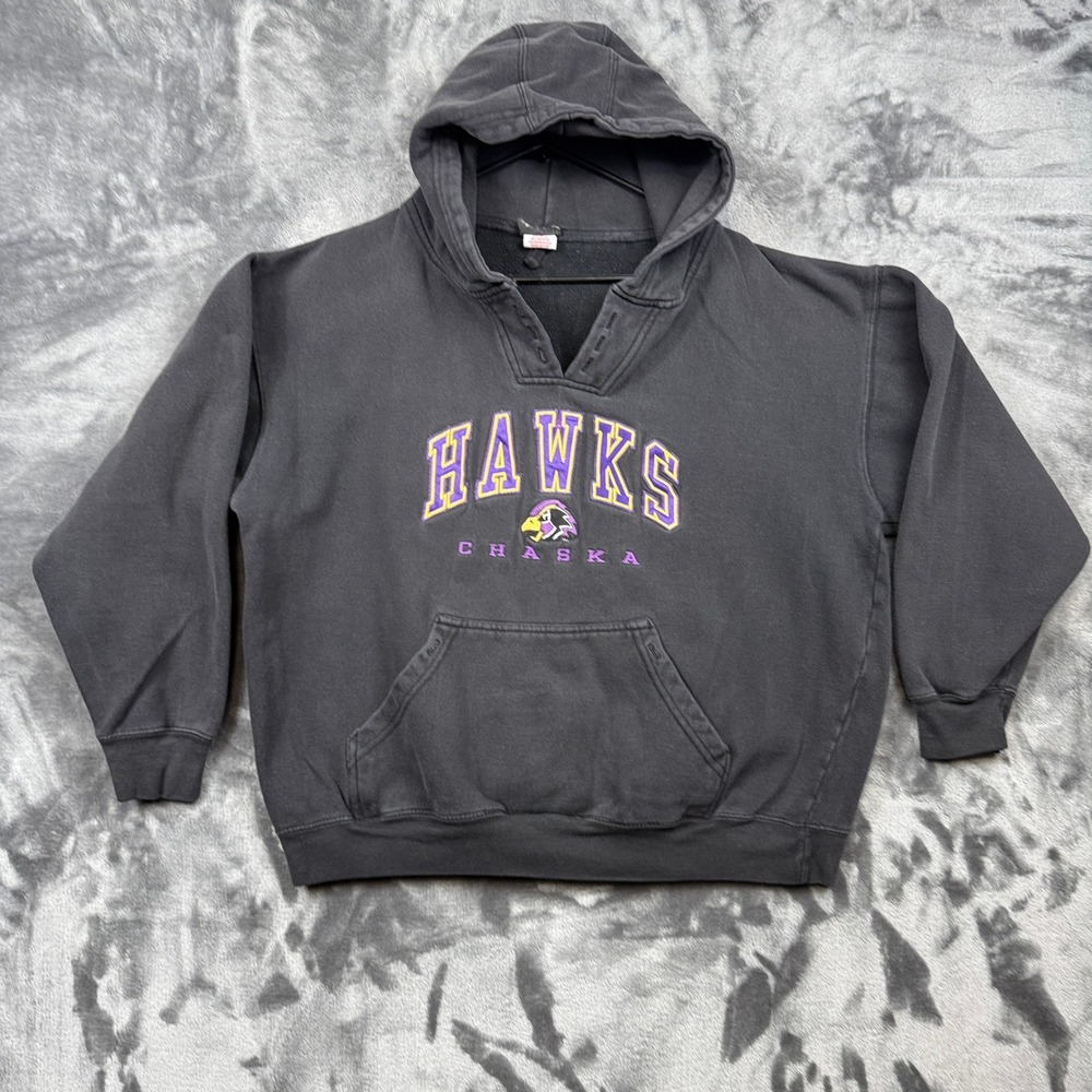 Vintage Chaska Hawks Hoodie Mens Large Black V-Neck Pullover Sweatshirt MN